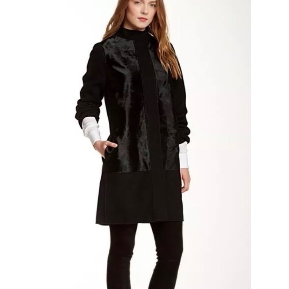 Vince Black Calf Hair Button Down Long Sleeves Coat